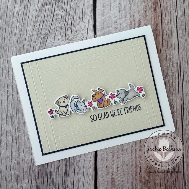 Handmade card featuring the Cutest Crew dog images with a colored puppy focal point and cheerful sentiment.