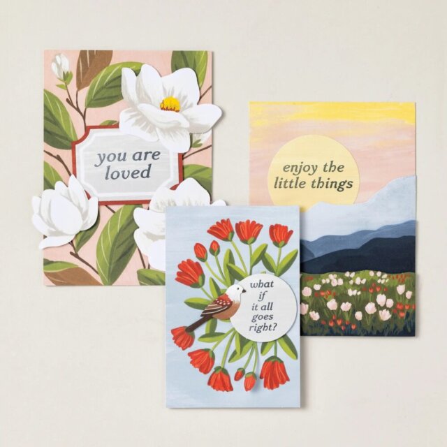 Completed paper art samples from the Every Little Thing kit in the Stampin’ Up! kits collection featuring floral and nature-inspired designs
