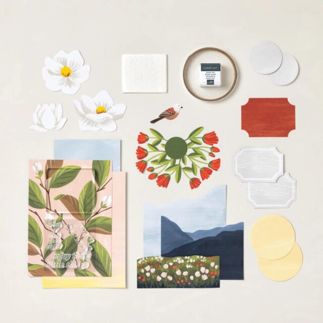 Supplies included in the Every Little Thing kit from the Stampin’ Up! kits collection with precut pieces, stamp set, ink, and adhesive