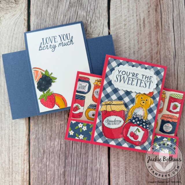 Handmade easy fun fold card using Filled With Sweetness stamps and dies with Homemade Sweetness DSP