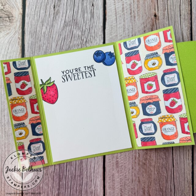 Inside of fun fold cards using designer series paper with Filled With Sweetness bundle showing simple layouts and designs