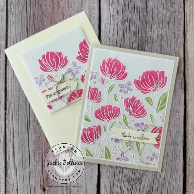 Two handmade floral cards featuring heat embossed images colored on vellum, showcasing this simple card making technique with soft blended details and layered sentiments.