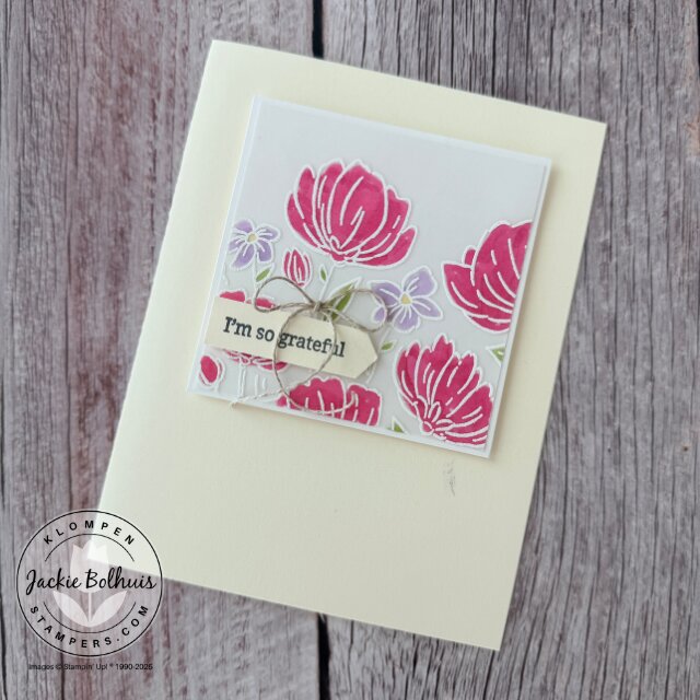 Floral handmade card created with the Flowers Fair stamp set, featuring a vellum panel colored from the back for a soft, glowing effect using this simple card making technique.