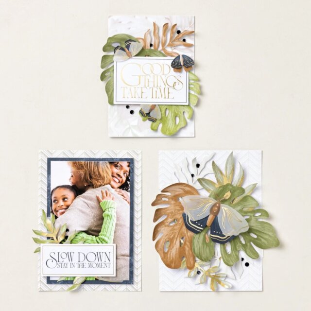 Finished display projects from the Radiant Reminders kit in the Stampin’ Up! kits collection featuring monstera leaves and neutral patterns