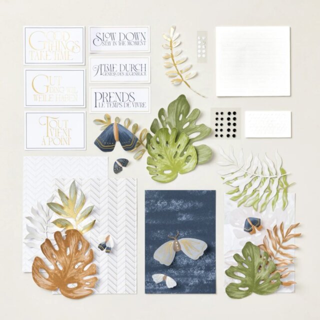 Items included in the Radiant Reminders kit from the Stampin’ Up! kits collection with precut images, printed labels, and gold foil accents